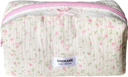 Vista 10 de SINOKAME Bolsa de maquillaje acolchada de algodón, pequeña, con lazo de coqueta, bolsa de cosméticos estética, bolsa de almacenamiento de viaje