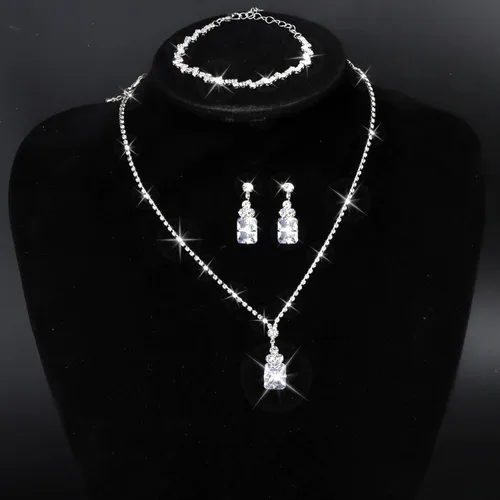 Vista 6 de CAVETEE Conjunto de joyas para mujer, collar con colgante de novia de cristal y pulsera para mujer