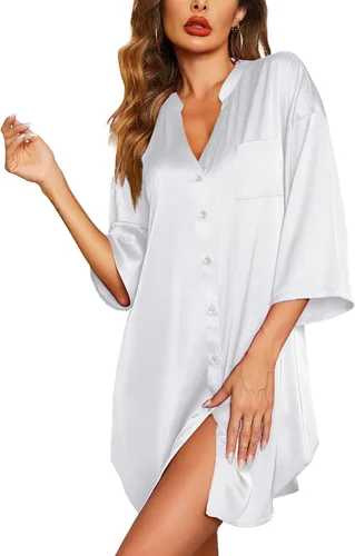 Vista 29 de Ekouaer Camisones de satén para mujer, ropa de dormir de seda con botones, manga 3/4, cuello en V, con bolsillos 01 Negro