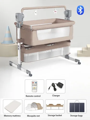 Vista 2 de Cuna eléctrica inteligente con Bluetooth para bebé, cuna de noche para bebé, cuna plegable convertible con control remoto, música, 5 engranajes
