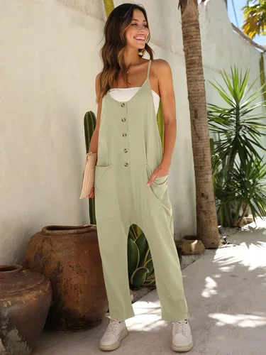 Vista 5 de DEEP SELF Overol sin mangas de verano para mujer, con tirantes delgados, botones, pantalones largos con bolsillos