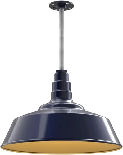 Vista 27 de Steel Lighting Co. Manhattan Warehouse Light Colgante montado en el techo Cúpula de 20 pulgadas vástago de 12 pulgadas Luz de granero