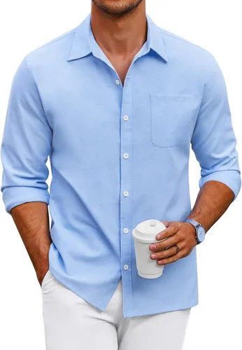 Vista 51 de COOFANDY Camisa Oxford de manga larga con botones para hombre, camisas de vestir de ajuste regular