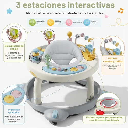 Vista 3 de Andador de bebé con ruedas, andador plegable para bebés de 6 a 12 meses, asiento giratorio de 3 posiciones con centro de actividad interactivo Gris
