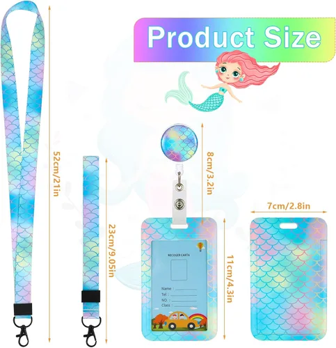 Vista 2 de Soporte de tarjeta de identificación de sirena para niños con cordón, cordón de muñeca desmontable para llaves, soporte retráctil con cierre