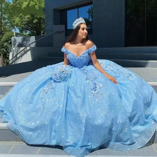 Vista 17 de Ftupza Preciosos vestidos de quinceañera florales 3D vestidos de tul hinchados para mujeres fuera del hombro vestido de fiesta largo FFtu09
