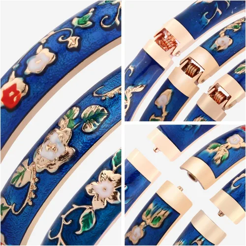 Vista 4 de UJOY Pulsera Cloisonne multicolor para mujer, chapada en oro, con flores, esmaltada, con bisagras, regalo de joyería, 55A-3PCS