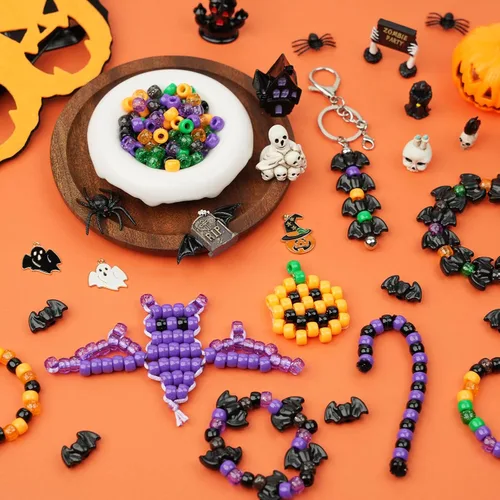 Vista 4 de 1200 cuentas de poni de Halloween a granel, 45 cuentas de murciélago negro, morado, naranja, verde, cuentas Kandi de plástico de 0.236 x 0.354 8