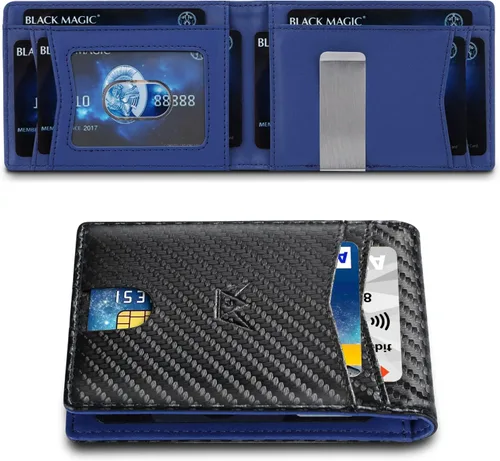 Vista 2 de GOSALISU Cartera delgada para hombre con clip para dinero, 11 ranuras, bloqueo RFID, bolsillo frontal, billetera plegable con 2 ventanas