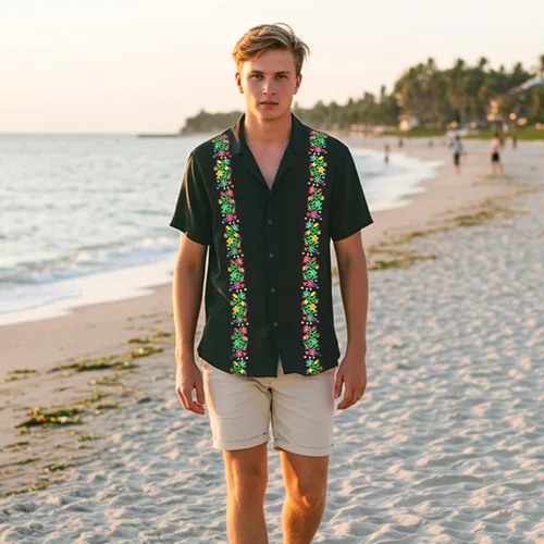 Vista 6 de Camisa de Guayabera mexicana para hombre, manga corta, diseño bordado