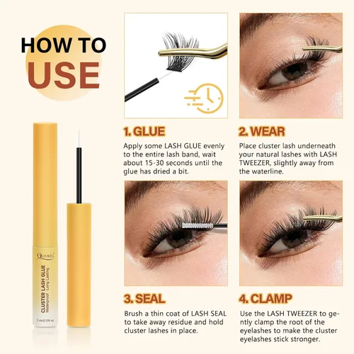 Vista 7 de QUEWEL Pegamento de pestañas en racimo para extensiones de pestañas DIY, 5 ml de pegamento para pestañas en racimo impermeable y de larga duración