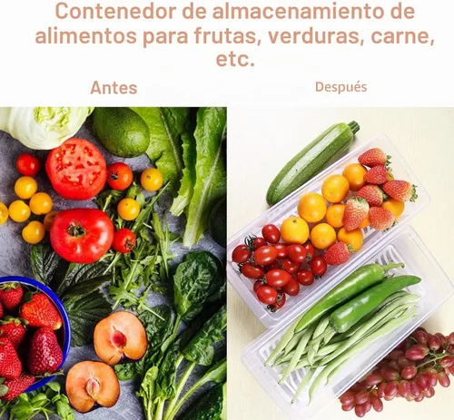 Vista 3 de Recipiente de almacenamiento de alimentos, recipientes de plástico para alimentos con placa de drenaje extraíble y tapa, contenedores