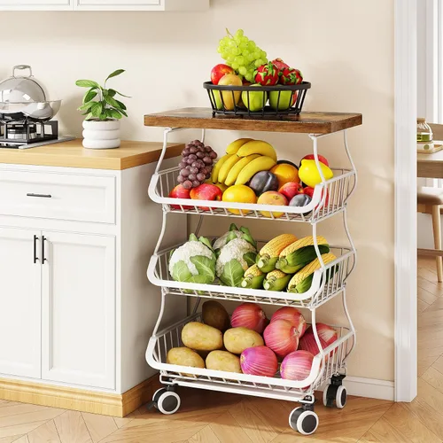 Vista 9 de SAYZH 5-Tier Fruit and Vegetable Basket Stand for Kitchen, Wood Top, White Blanco