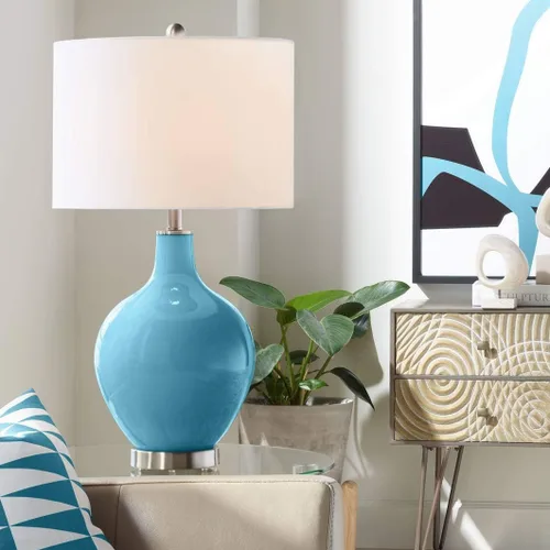 Vista 22 de Color + Plus Lámpara de mesa moderna de 28.5 pulgadas de alto, cristal azul Mónaco OVO blanco con pantalla de tambor de lino para sala de estar
