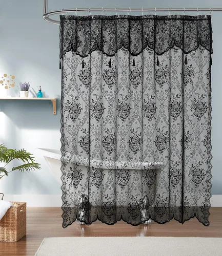 Vista 3 de Warm Home Designs Cortina de ducha negra con cenefa. LA Black 36 Negro