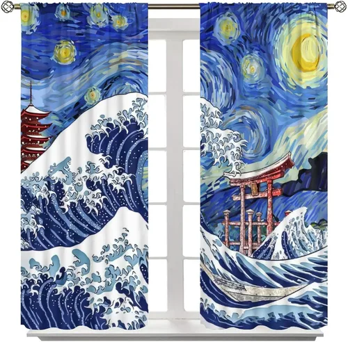 Vista 8 de Cortinas opacas con bolsillo para barra de arte asiático japonés para dormitorio, diseño de anime azul, océano, fantasía, cielo estrellado, Torii