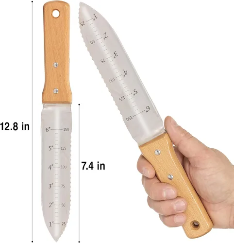 Vista 3 de Grampa's - Cuchillo de jardín versátil de 7 pulgadas Hori Hori con hoja de acero recta y dentada. Herramienta de mano de jardín resistente