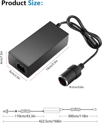 Vista 2 de Convertidor de CA a CC de 13.5FT 110V/120V a DC 12V 10A 120W Fuente de alimentación de coche 13.5FT Extra-Long Power Cord 12Volt Car Cigarette