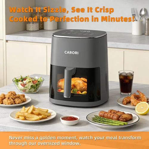 Vista 6 de CARORI Freidora de aire de 6 cuartos con ventana de visión, 12 preajustados, gran capacidad, 400 ℉ máximo crujiente, 1700 W comidas rápidas incluso