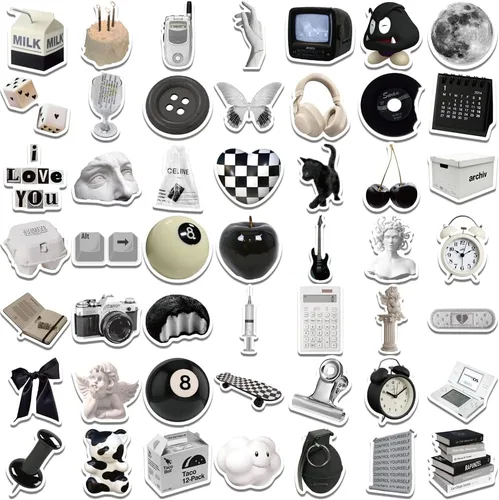 Vista 3 de Calcomanías vintage de estilo de moda en blanco y negro de 61 calcomanías de vinilo para portátiles, computadoras, Hydro Flasks, monopatín y estuche