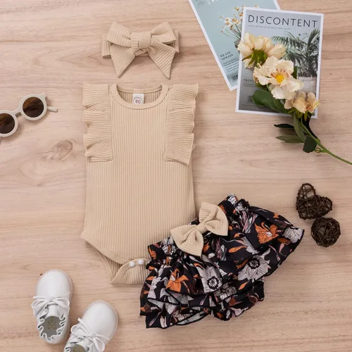 Vista 2 de Conjunto de ropa de verano para bebés recién nacidos, manga con volantes, camiseta con tirantes florales y pantalones cortos con diadema