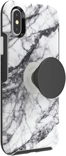Vista 2 de Otter + Pop - Funda para iPhone X y XS: OtterBox Symmetry Series con PopTop intercambiable de PopSockets - mármol blanco y negro aluminio