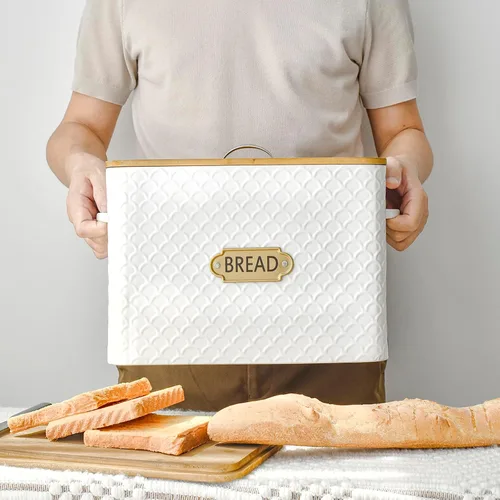 Vista 2 de EMAX HOME Caja de pan extra grande con ahorro de espacio estilo granja con tapa de madera - Capacidad para 2 panes - Porta pan vertical