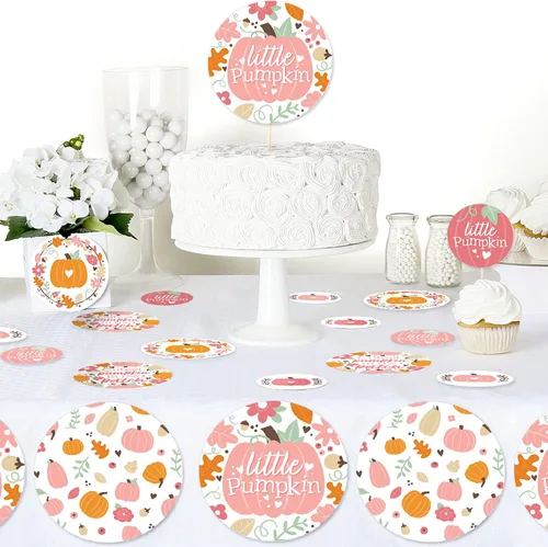 Vista 4 de Big Dot of Happiness Girl Little Pumpkin - Fiesta de cumpleaños de otoño o baby shower, confeti de círculo gigante, decoraciones de fiesta, confeti