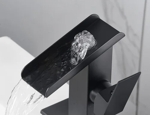 Vista 8 de Grifo de baño negro cascada 1 agujero baño lavabo lavabo fregadero grifo de una sola manija moderna lavabo grifo latón cubierta montaje comercial