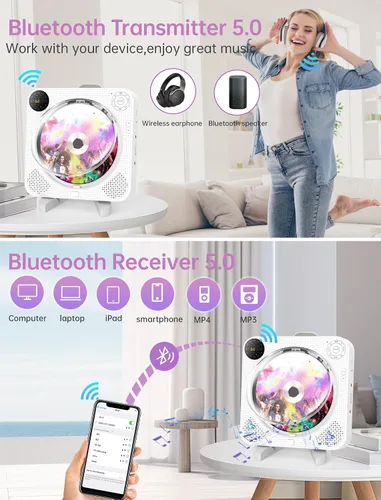 Vista 3 de DESOBRY Reproductor de CD de pared Bluetooth con altavoces Control remoto