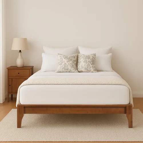 Vista 3 de Merax Cama de plataforma de bambú de tamaño completo, marco de cama moderno de mediados de siglo con soporte de listones de madera, no necesita