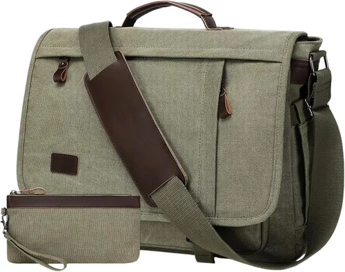 Vista 11 de Bolso de Mensajero de 17.3 Pulgadas para Hombre: 2 Piezas Bolso para Laptop de Cuero PU y Tela de Lona Maletín de Trabajo Grande para Oficina
