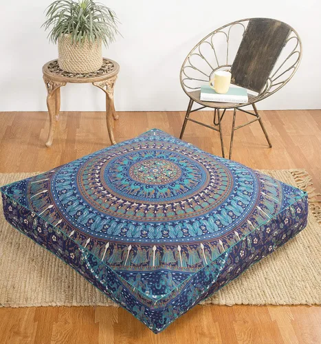 Vista 6 de Popular Handicrafts Funda de cojín de suelo – Funda de cojín de mandala de elefante hippie grande de algodón – Funda de puf redonda bohemia Azul