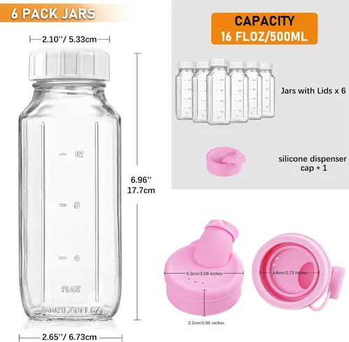 Vista 4 de Sovietiep Botellas de leche de vidrio cuadradas de 16 onzas con una tapa de silicona, paquete de 6 botellas de vidrio para jugo con tapas