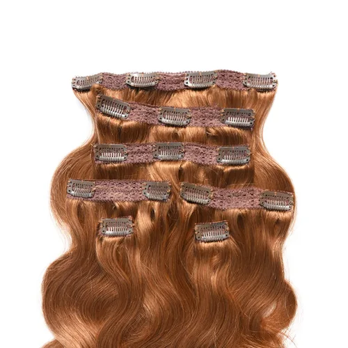 Vista 2 de viviaBella Extensiones de cabello humano ondulado con clip, color rojo cobre, 14 pulgadas, cabello virgen brasileño de doble trama, 7 unidades por