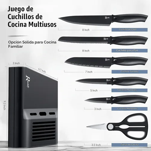 Vista 2 de Juego de cuchillos de cocina con bloque, 7 cuchillos de chef, tijeras, para picar carne/verduras/frutas, rebanar, cortar en cubitos y cortar
