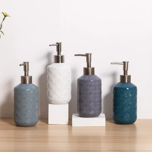 Vista 7 de FE Dispensador de jabón, dispensador de jabón de cerámica de 13.5 onzas con diseño vintage en relieve, recargable para cocina y baño (azul)