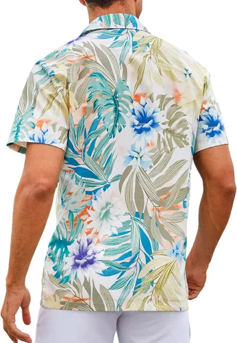 Vista 4 de ZAFUL Camisa hawaiana de algodón de manga corta con botones para el verano, para playa tropical