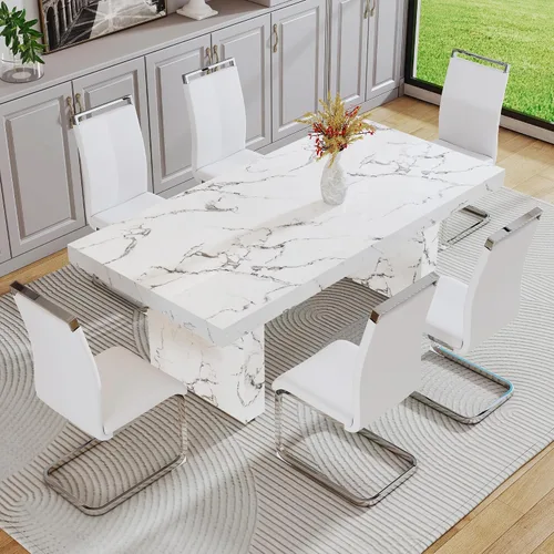 Vista 33 de gopop Mesa de comedor de mármol de 63 pulgadas, tablero de mesa de comedor MDF con patrón de mármol y base para cocina y comedor.