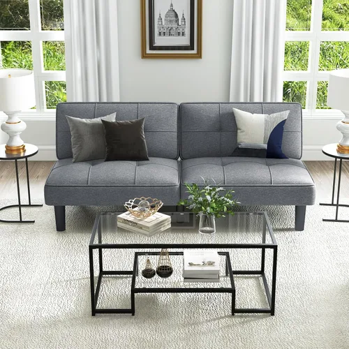 Vista 5 de KOMFOTT Sofá cama tipo futón convertible, sofá cama plegable tapizado de lino con respaldo ajustable de 6 posiciones, cojín grueso, sofá reclinable
