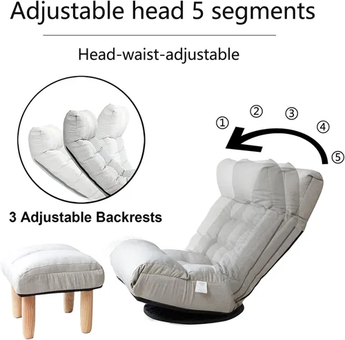 Vista 4 de Silla giratoria de 360 grados para juegos, silla de piso plegable con respaldo ajustable, tumbona acolchada para interiores con taburete, sofá