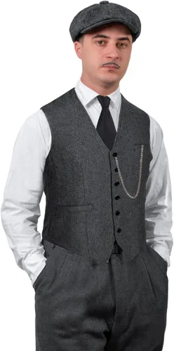 Vista 2 de Chaleco de disfraz de los años 20 para hombre, sombrero y accesorios para reloj de bolsillo, juego de accesorios para fiesta de adultos