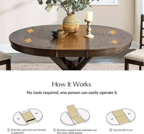 Vista 2 de HULALA HOME Mesa de comedor extensible redonda ovalada de 42 a 54 pulgadas, mesa de cocina expandible de madera maciza con hojas que ahorran