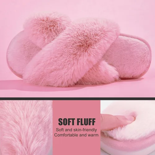 Vista 3 de Metog Women's Fuzzy Slippers House Slippers Cross Band Slippers Indoor Outdoor Soft Open Toe Slippers