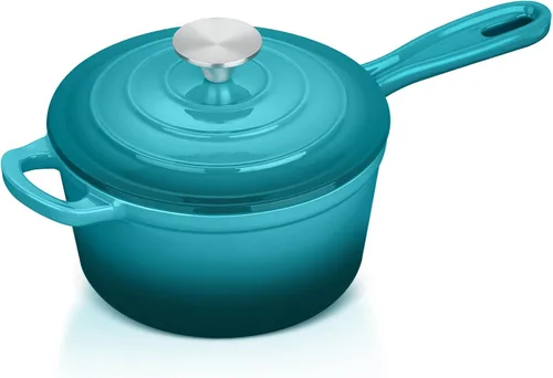 Vista 12 de E-far Sartén de hierro fundido esmaltado con tapa, cacerola de horno holandés de 1 cuarto de galón, mini olla para cocinar, hervir, saludable