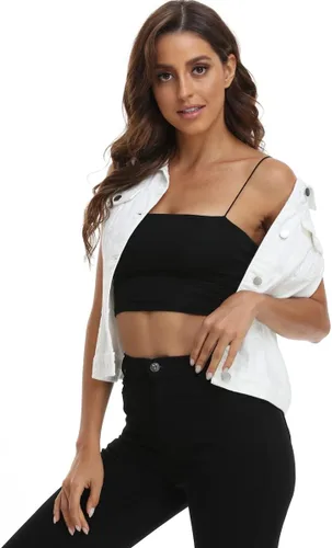 Vista 3 de MISS MOLY Chaleco de mezclilla sin mangas para mujer con bolsillos en el pecho