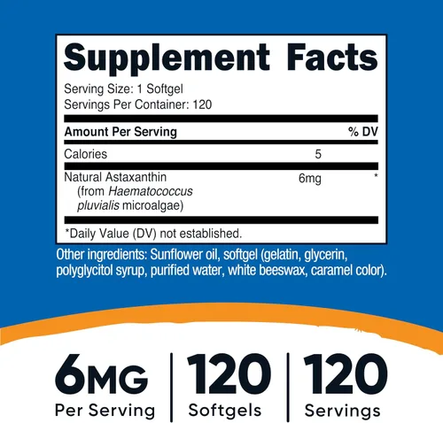 Vista 2 de Nutricost Astaxantina 6 mg, sin OMG y sin gluten, 120 cápsulas blandas (suministro para 4 meses)