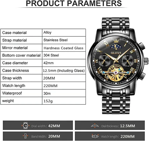Vista 6 de OLEVS Relojes mecánicos automáticos para hombre, cuerda automática, impermeable, acero inoxidable, relojes de pulsera para hombre, reloj de lujo