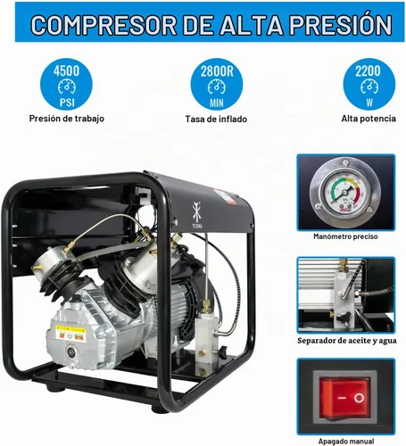 Vista 6 de TUXING Compresor Pcp de 4500 psi, compresor de aire de buceo de doble cilindro, versión de parada manual, bomba de aire de alta presión para pistola