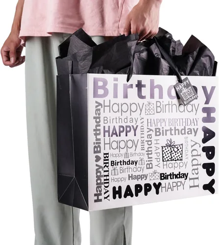 Vista 7 de JWSCYSY Bolsa de regalo extra grande de 16 pulgadas con papel de seda y tarjeta, bolsa de regalo de feliz cumpleaños para hombres y mujeres, 16 x